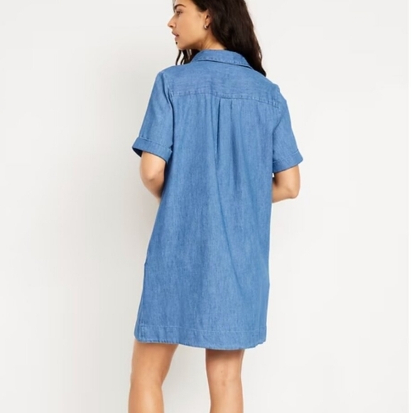 NWT Old Navy 100% Cotton Denim Blue Button Down Short Sleeve Shirt Dress - Picture 2 of 16
